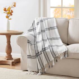 91110985 Vcny 50 Inch X60 Leena Plaid Fringe Throw Blanket Black/white