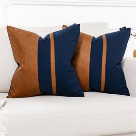 Nclpc1818 Vfuty Set Of 2 Navy And Brown Decorative Throw Pillow Covers 18x18 Inch Faux Leathe