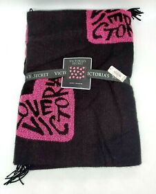 Victorias Secret Black Pink 50w X 60l Cozy Throw Blanket Logo Hearts New