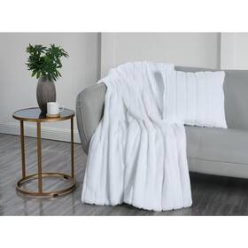 Videri Home 744110363548 Faux Fur Stripe White Plush Throw Blanket And Pillow Gift Set Of 1