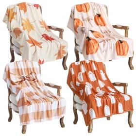 Lua-vitalcozy-2697 Vitalcozy 4 Pcs Fall Throw Blankets Pumpkin Maple Plaid Little Ghost Pattern Soft Warm