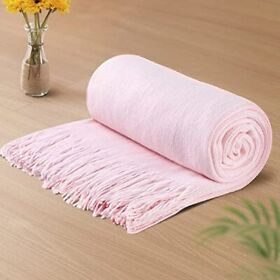Vonty Pink Knitted Blanket With Tassels Fringe 50inch X 60inch Super Soft Knit