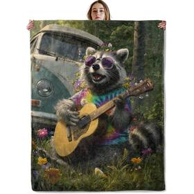 L50716c035blh56raccoon17 Vopnxlt Hippie Raccoon Blanket Soft Cozy Lightweight Funny Boho Animal Playing Guita