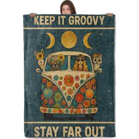50702lhc037bl5615 Wanoryer Retro Hippie Van Blanket Cozy Flannel Girl Animals Flowers And Moon