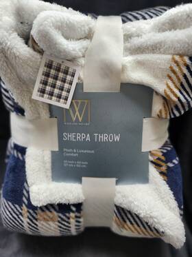 108455 Wayland Square Sherpa Throw Blanket Plaid Blue White Gold 50x60in Plush