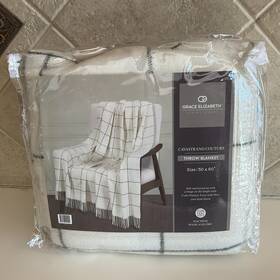 Weave 810143121001 Nip Grace Elizabeth Cavastrano Couture Ivory/green Plaid Throw Blanket 50 X 60 Inch