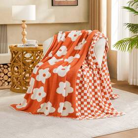 Tbf-fb01 Xiblc Checkered Throw Blanket Orange Flower For Couch 50 Inch X60 Soft