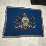Vtg Americana Pennsylvania State Seal Woven Fringe Throw Blanket Distressed. Fixed Price $24.99.