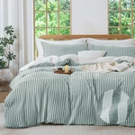 Mildly Emerald Striped Duvet Cover - 100 Washed Cotton Jacquard Boho Textured. Fixed Price $97.11.