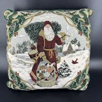 Christmas Tapestry Throw Pillow World Santa Claus Holding Tree 16X16. Fixed Price $24.95.