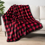 Black Fleece Throw Blanket For Couch With Pom Fringe, Buffalo Checkered. Fixed Price $30.99.