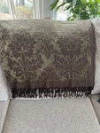 Restoration Hardware Olive Green Jacquard Throw Blanket Twist Fringe 54" X 68". Fixed Price $150.00.