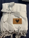 Mickey Mouse Disney Throw Blanket Knitted Faux Leather Patch Sewn On. Fixed Price $40.00.