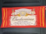 Vintage Budweiser Beach Towel Hilasal Beer Can Bottle Label Red Terry Cloth. Fixed Price $15.00.