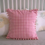 Pink Gingham Throw Pillow Covers Pom Trim Cotton Girly Room Decor 18X18. Fixed Price $24.99.