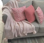 Oeko-tex Chunky Knit Throw Blanket With Pom-poms, Light Pink 50"X 60". Fixed Price $24.99.