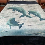 Vtg Vip NO.1 Royal Blanket Navy Sky Blue Dolphins Swimming Size 94" X 74". Fixed Price $75.00.