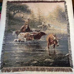 Vtg Mohawk Home Jack Terry Western Cowboy Woven Tapestry Blanket 51"X56" Usa. Fixed Price $36.95.