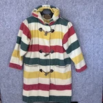 Vtg Woolrich Hudson Bay Stripe Blanket Coat Small Hood Bone Button Horn Toggle. Fixed Price $269.99.