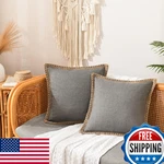 Of 2 Farmhouse Throw Pillow Covers - Burlap Linen Trimmed Tailored Edges Dec. Fixed Price $59.18.