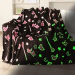 Glow Dark Witch Theme Blanket Black Broom Pink Magic Wand Flannel Thro.... Fixed Price $29.32.