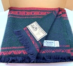Vintage Amana Woolen Mills Throw Blanket 100% Green Red Blue New 56" X 72". Fixed Price $85.00.