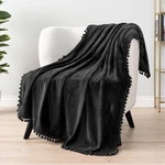 Pavilia Fleece Throw Blanket For Couch With Pom Fringe, 50"X60", Black. Fixed Price $33.99.