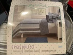 New My World Twin 3PC Quilt Set Blue Stripe W/ Sham & Deco Pillow. Fixed Price $20.00.