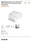 Allied Home Tempasleep Down Alternative Cotton Cooling Blanket - King White. Fixed Price $85.00.