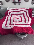 Handmade Large Crochet Afghan Blanket Red White Fringe Split Corners. Fixed Price $30.00.