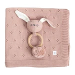 Zestt Organics Dusty Pink Knit Baby Blanket + Toy Set. Fixed Price $49.00.