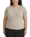 Dkny Women's Plus Size Round Neck Short-sleeve Ribbed-knit Top Pullover Tan 2X. Fixed Price $28.50.