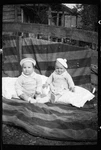 1940S Photo Negative Of Two Babies Sitting Striped Blanket By Porch. Fixed Price $14.99.