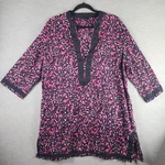 Lands' End Womens Tunic Top Large Black Pink Abstract Split Neck 3/4 Sleeve. Fixed Price $15.88.