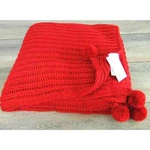 Vtg Chunky Cable Knit Pom Throw Blanket Red 60" Peking Handicraft. Fixed Price $35.00.