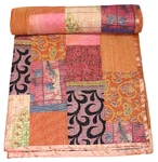 Indian Handmade Silk Patola Kantha Quilt ,vintage Throw Blanket, Boho Bedspread. Fixed Price $67.00.