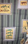 Vtg Fishing Lures Framed Patch On Blk Stripe Quilt Remnant Btf 8 Th.. Fixed Price $6.99.