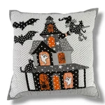 Happy Quilted Halloween Throw Pillow 17" Square Witch Bat Ghost House. Fixed Price $35.00.