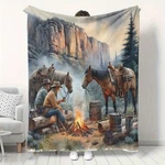 Rustic Wildlife Horse Print Flannel Blanket, Cozy All-season Throw With Cowboy. Fixed Price $24.99.