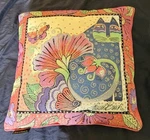 Vtg Laurel Burch Fanciful Feline Cat Tapestry Throw Pillow 17"X17" Home Decor. Fixed Price $25.00.