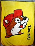 Buc-ee's Plush Throw Blanket Yellow Large 55 X 68" Beaver Mascot Red Trim Euc. Fixed Price $22.94.