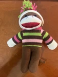 10" Sock Monkey By Dan Dee Mini Brown Pink Green Striped Shirt Fuzzy Hat. Fixed Price $11.50.