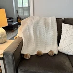 Pottery Barn White Chunky Knit Faux Fur Pom Trim Throw Blanket 50 X60. Fixed Price $43.98.