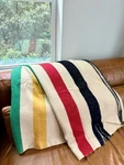 Vintage Hudson Bay Wool Blanket 84X80 Full Queen Multistripe 1950S-60S. Fixed Price $198.00.