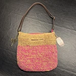 Sun Sand Natural Crochet Bag With Pink Accents & Interior Brown Shoulder Strap. Fixed Price $11.99.