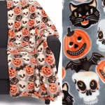 Primitive Halloween Throw Blanket Microfleece Skull Cat Pumpkin Retro Eve. Fixed Price $39.99.