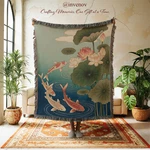 Koi Fish Woven Throw Blanket, Japanese Lotus Pond Fringe Zen Teal Blue. Fixed Price $79.99.