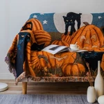 Halloween Pumpkin Black Cat Cotton And Polyester Blanket Throw. Fixed Price $35.00.