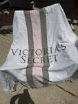 Victoria's Secret Striped Fringed Throw Blanket, White Pink Gray. Fixed Price $20.00.
