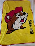 Buc-ee's Plush Fleece Throw Blanket Yellow 55 X 68" Beaver Mascot Red Trim. Fixed Price $22.00.